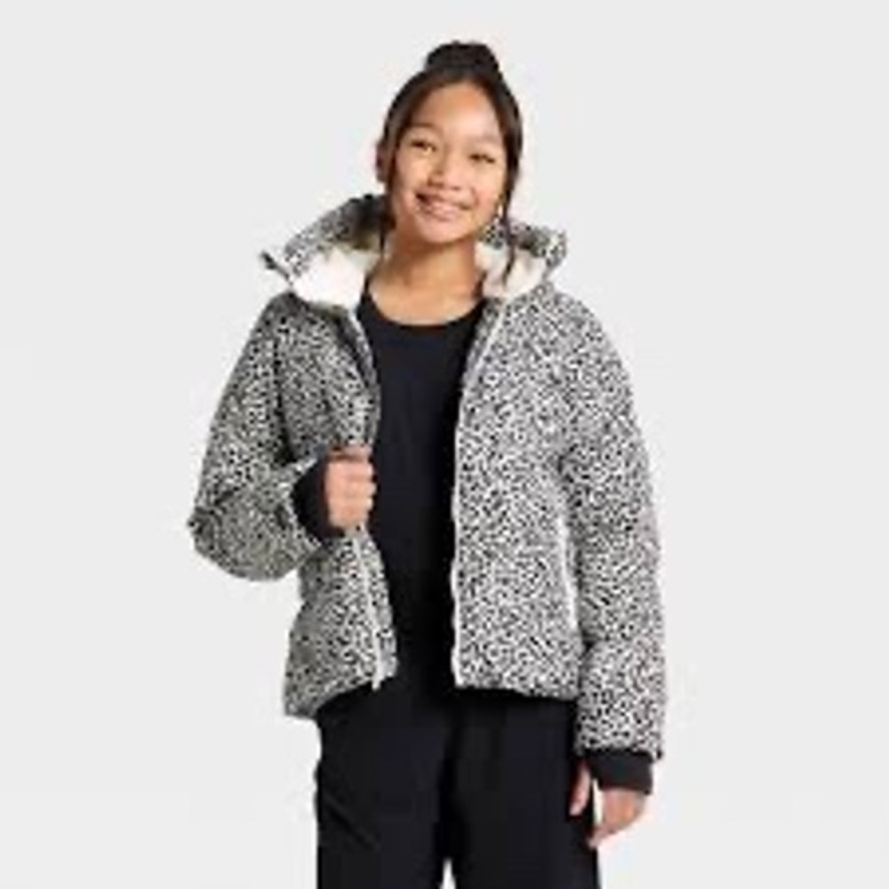 All In Motion Girls Leopard Print Heavyweight Puffer Jacket XS 4-5 White Black
